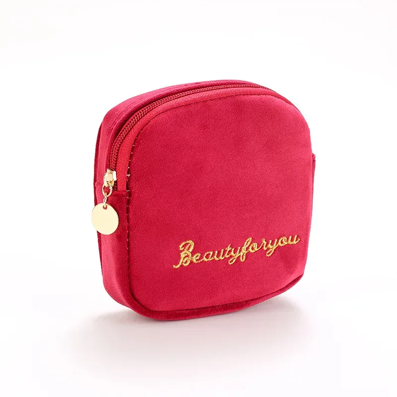 trousse de maquillage en velours avec fermeture éclair pour femme, trousses de toilette, broderie de lettres, poudres cosmétiques, monochromatique, femme
