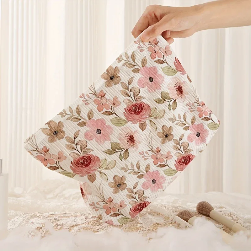 pochette de maquillage chic en velours côtelé à motif de roses - pochette cosmétique légère à fermeture éclair avec doublure pour articles de toilette et accessoires pour femmes