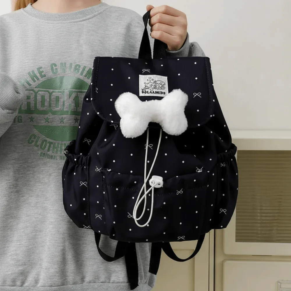 sac à dos à cordon de serrage à pois, grande capacité, avec nœud, double bandoulière, ultra léger, en nylon, pour les trajets quotidiens et les voyages