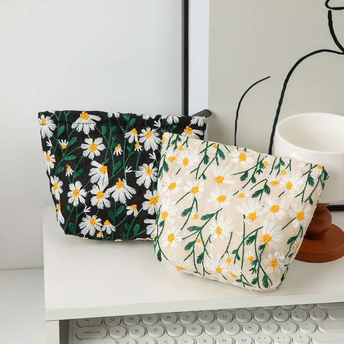 sac à cosmétiques brodé de fleurs, organisateur de maquillage en toile à fermeture éclair, pochette de rangement de voyage, trousse de beauté pour femmes