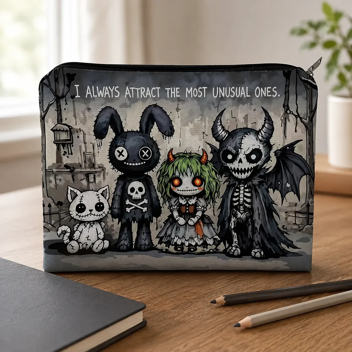 pochette de maquillage en toile motif poupée gothique effrayante, impression personnage sombre et sinistre, trousse de toilette portable pour halloween