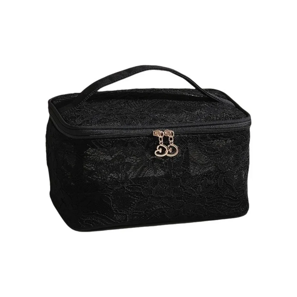 trousse de maquillage élégante en dentelle couleur unie florale avec poignée, sac de rangement cosmétique multifonctionnel grande capacité, trousse de toilette pour fête
