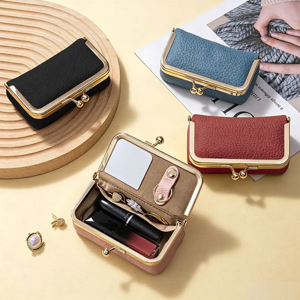 pochette à rouge à lèvres portable avec miroir de maquillage, sac à bijoux en pu exquis, couleur unie, sac cosmétique multifonctionnel pour le rangement