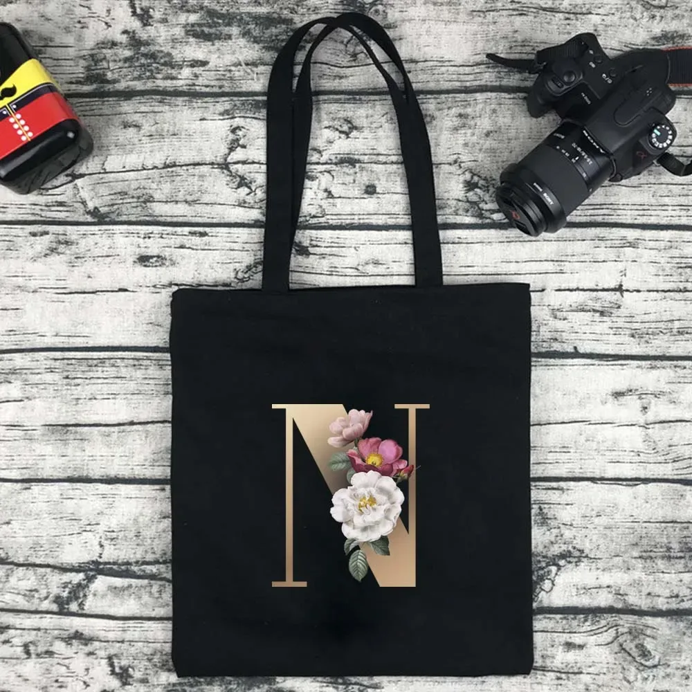 sac de shopping écologique pour femmes, sac à bandoulière portable pliable noir, sac à main réutilisable de grande capacité avec lettres, fourre-tout bolsos