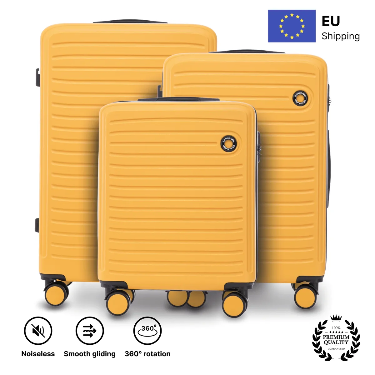 ensemble de 3 valises durables en abs + coot (28 "/24"/20 ")  roues 360 verrouillage cryptographique |   cabine de voyage, grande et moyenne |   dimensions environ 75x50x30 cm/64.5x44x26.5 cm/55x40x20 cm |   couleurs : champagne, jaune, noir, bleu marine