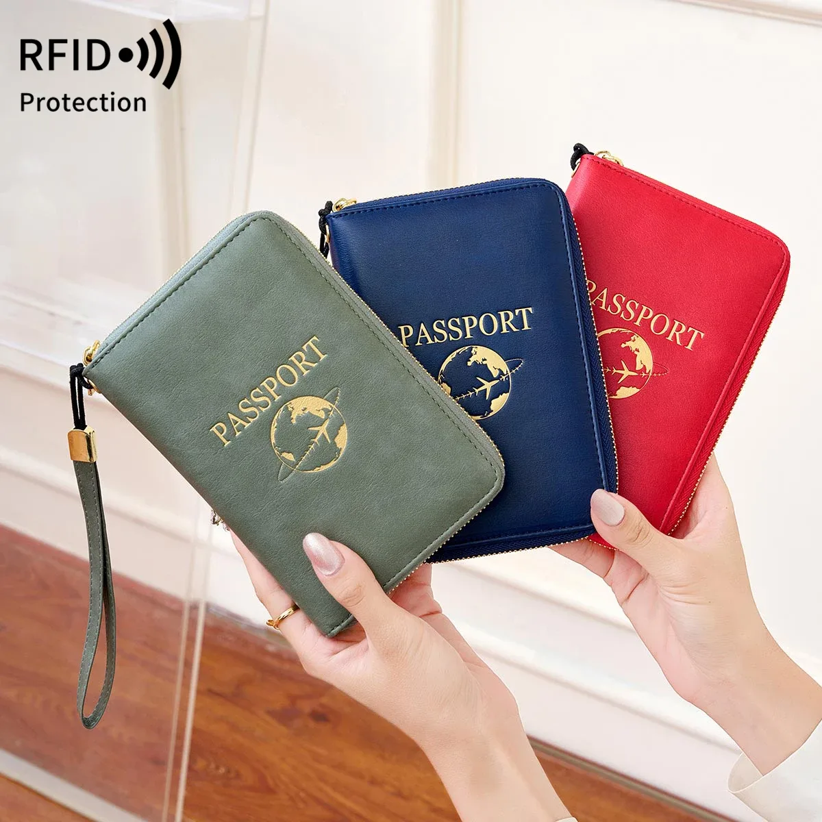 porte-passeport bloquant rfid, portefeuille de voyage, passeport, sac pour cartes de crédit, portefeuille multifonctionnel à fermeture éclair avec dragonne, à la mode
