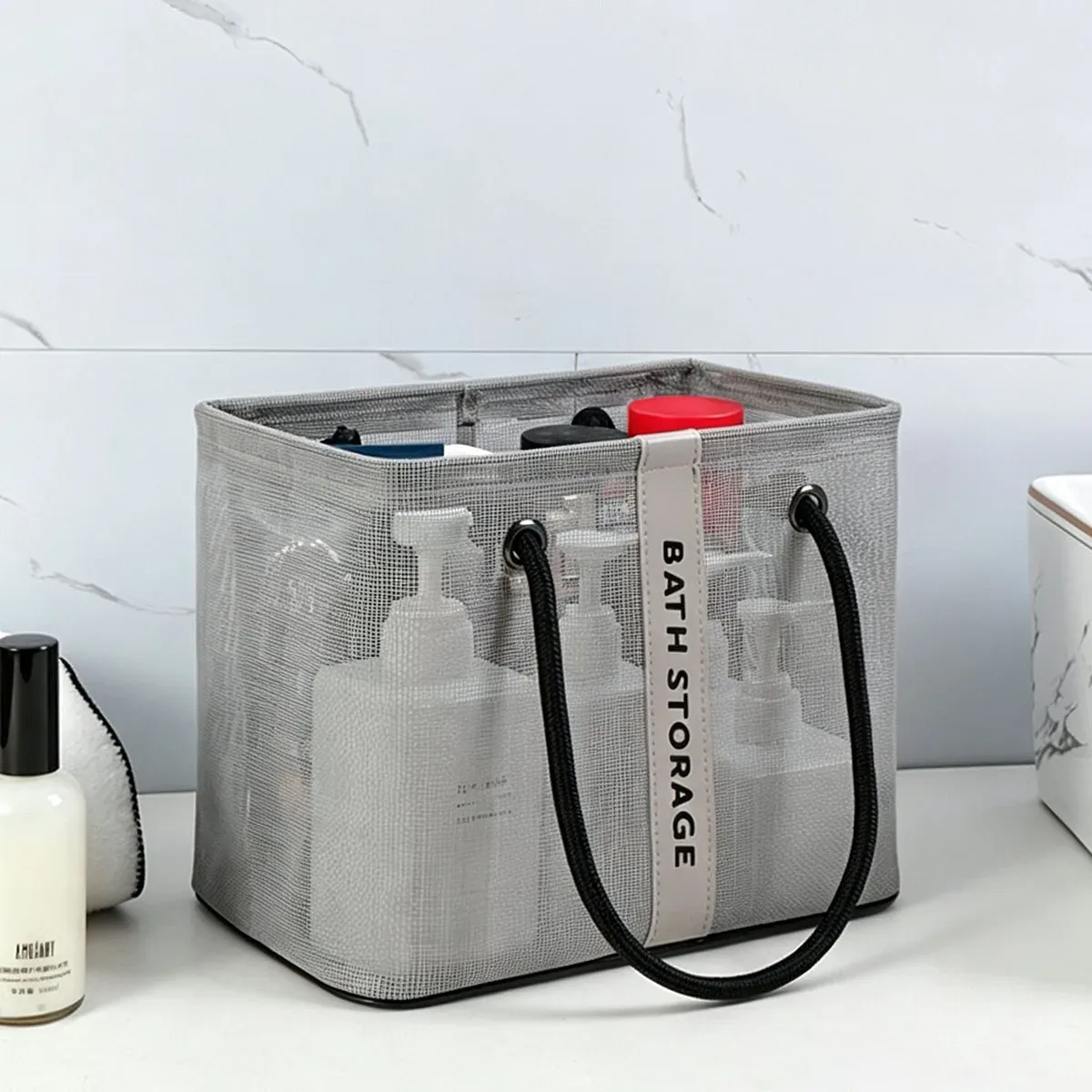 sac de toilette portable en maille avec poignée, séchage rapide, grande capacité, pour salle de bain, douche, voyage, maquillage, sac à main organisateur, panier