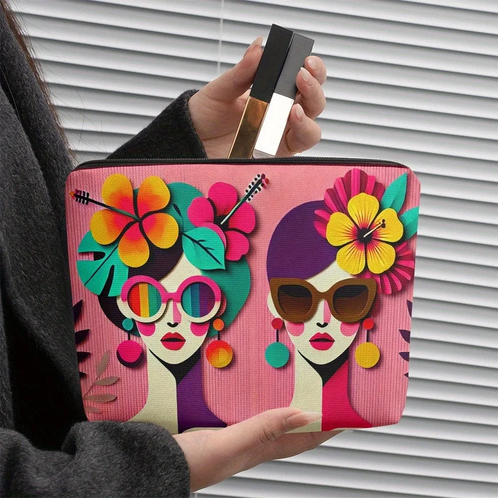 trousse de maquillage pour visage et fleur d'hibiscus tropical, 1 pièce, abstraite et vibrante, organisateur cosmétique pliable et portable