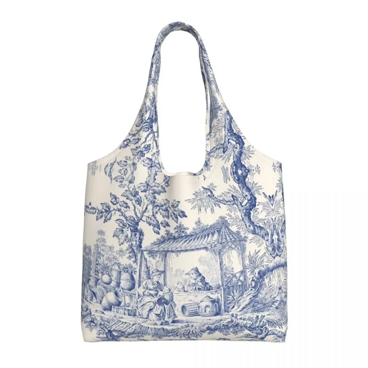 toile de jouy française classique vintage personnalisée, fourre-tout à motif bleu marine, fourre-tout de shopping en toile réutilisable, sac à bandoulière