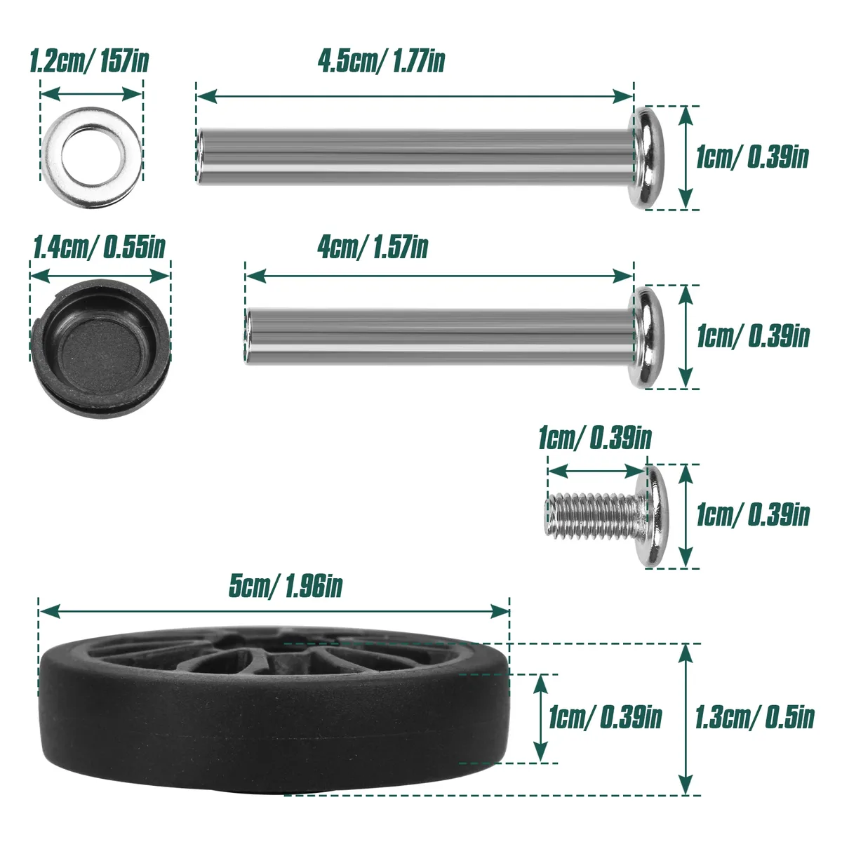 roues remplacement plastique noires motif radial douze rayons format cinquante millimètres usage réparation valises voyage
