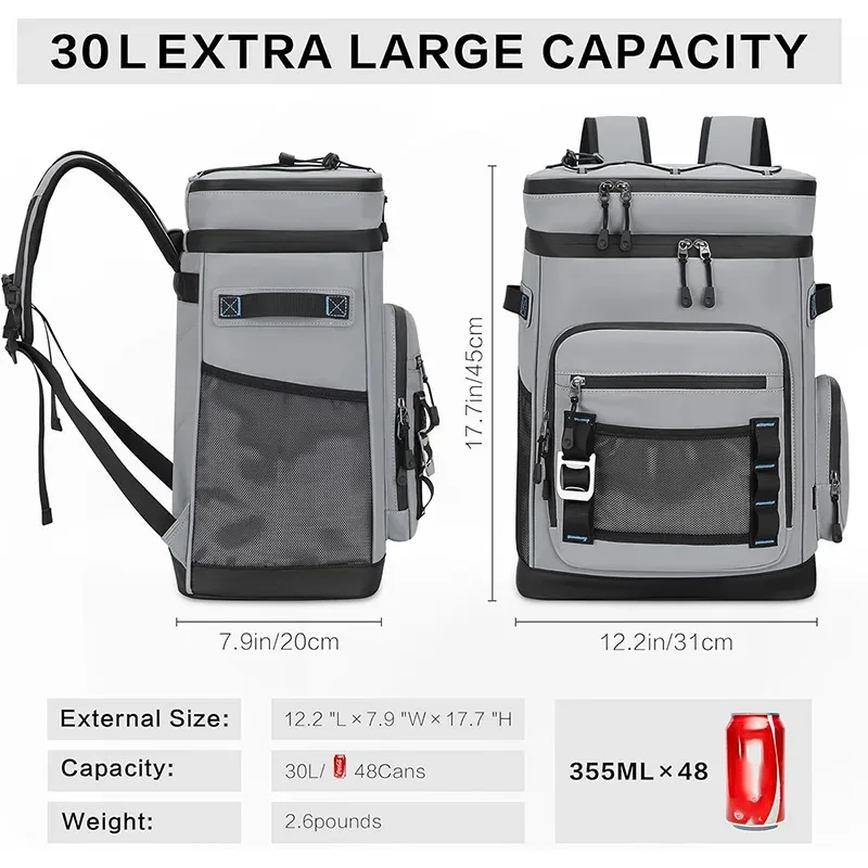 sac à dos isotherme 30l, imperméable, grande capacité, pour camping, pêche, pique-nique, garde les aliments au frais