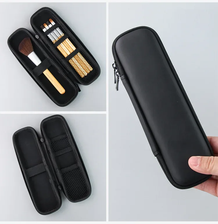 étui pour pinceaux de maquillage pour femmes, petit sac à cosmétiques noir pur, organisateur de stylos à rouge à lèvres, boîte de rangement d'outils de beauté, pochette longue à fermeture éclair