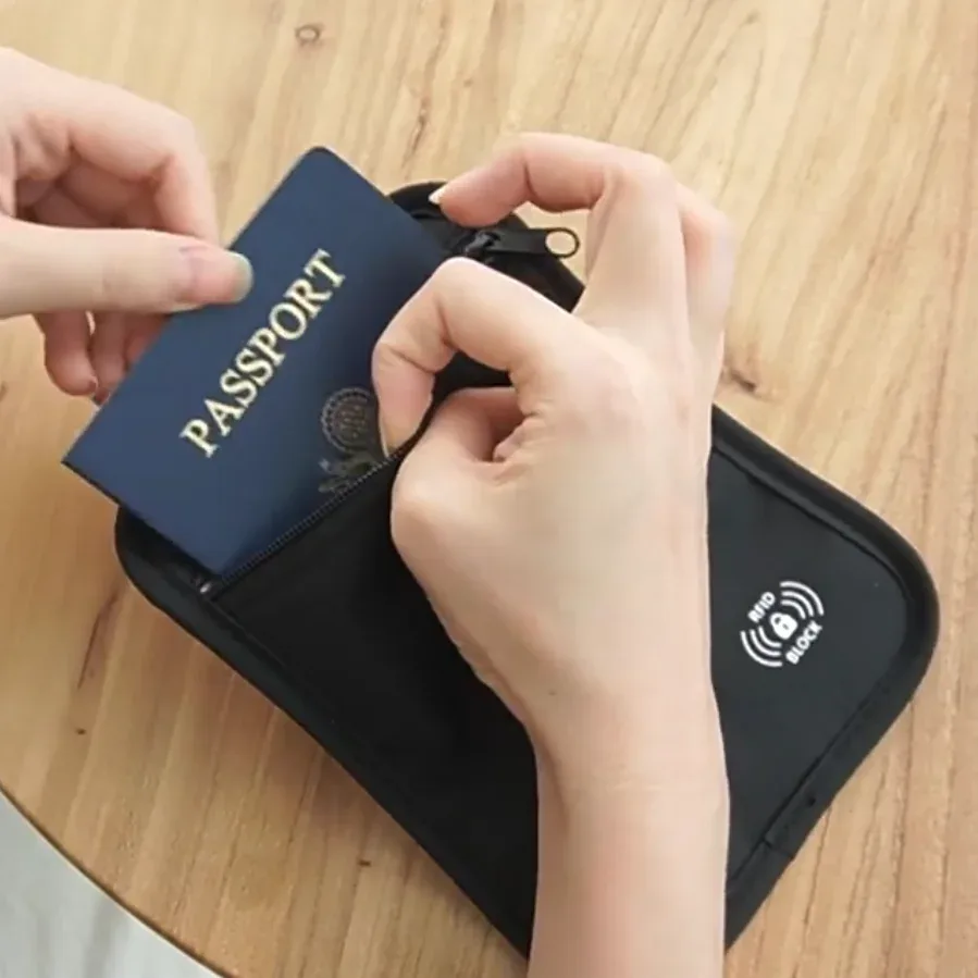 portefeuille de voyage anti-rfid avec crochet de verrouillage, fermeture éclair, porte-cartes, étui pour clés, sac de rangement étanche