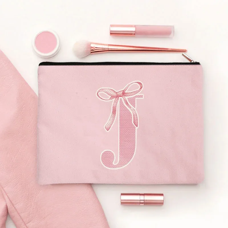 trousse de maquillage rose avec lettre initiale pour filles, poudres cosmétiques à fermeture éclair pour gorl'école de beauté, la remise des diplômes, le voyage, l'évaluation, la trousse de toilette