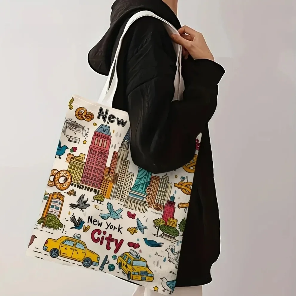 sac fourre-tout en toile de la ville de new york, imprimé avec l'icône de la ville de new york, sac de courses réutilisable pour les voyages, souvenirs et cadeaux