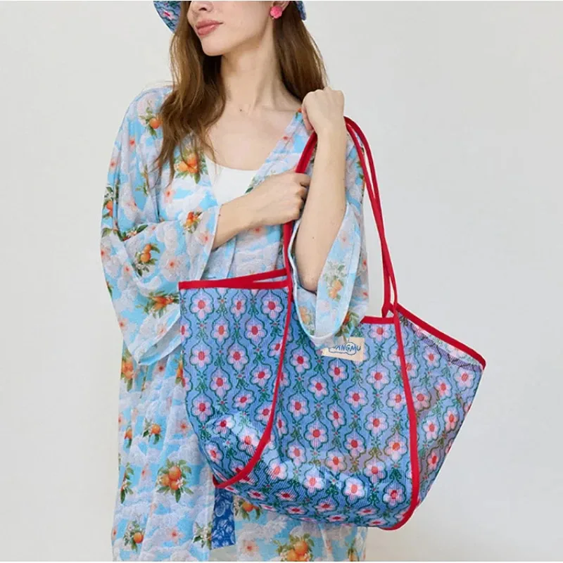 sac de plage grande capacité pour maman, sac à bandoulière color-block, sac de shopping en maille ajourée, sac de rangement pour jouets de plage, maquillage et natation