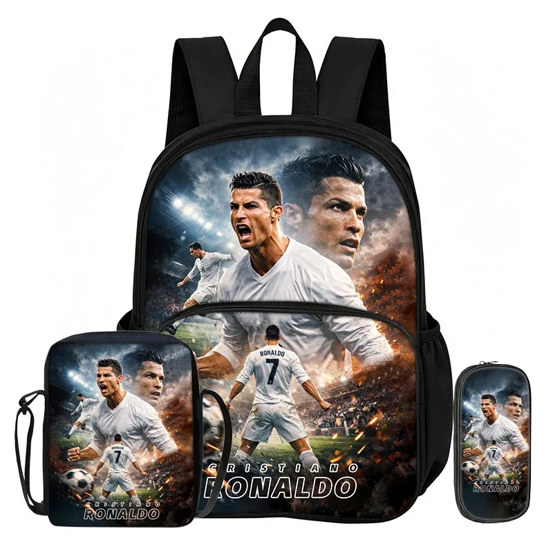 ensemble de 3 sacs à dos avec poche avant ronaldo learn, sacs à bandoulière pour voyage et fans de football, trousse à crayons, sacs d'école et de sport