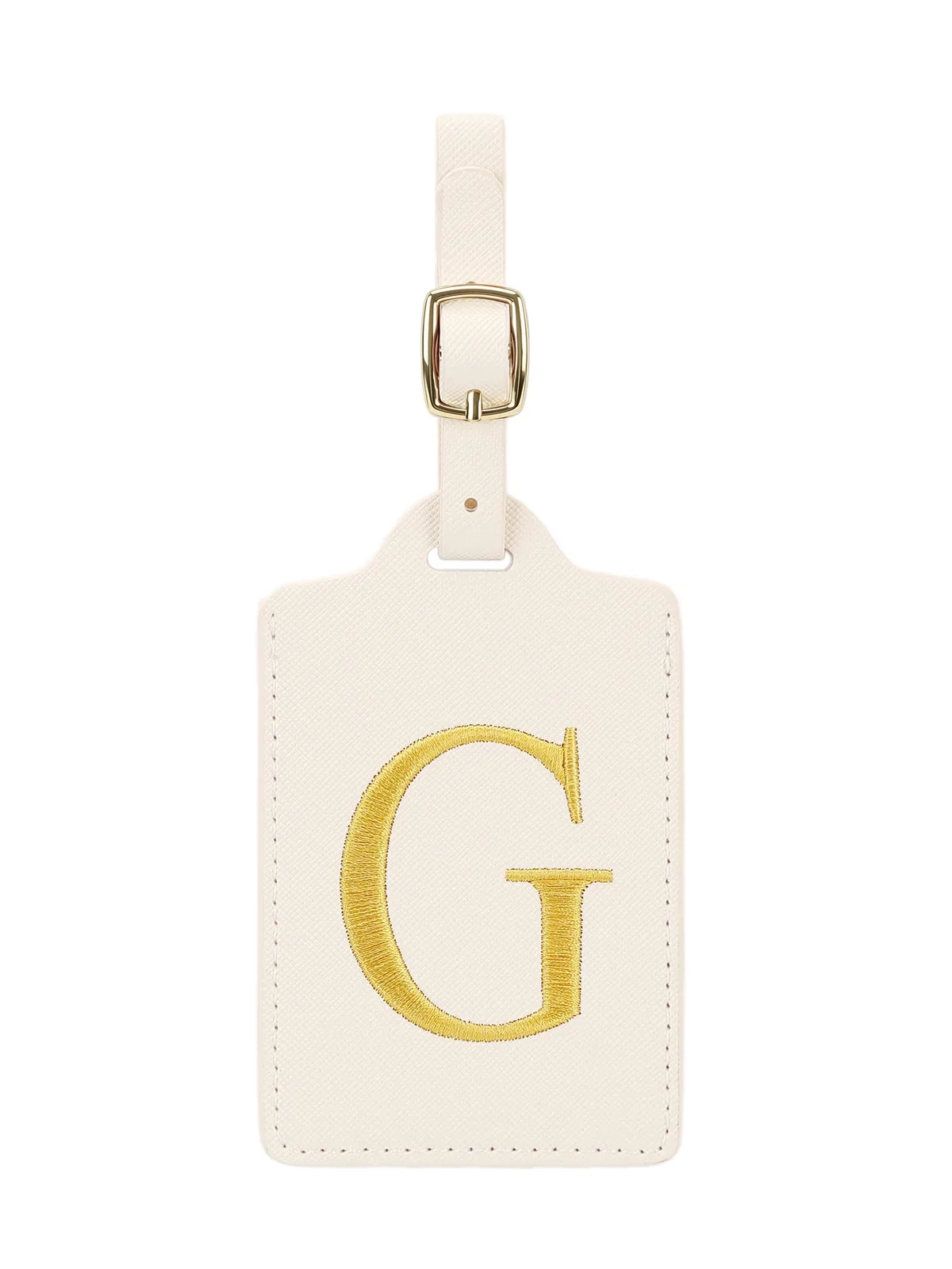 étiquette bagage polyester lettre dorée cuir blanc rectangulaire identification voyage unisexe alphabet fixation anneau métallique
