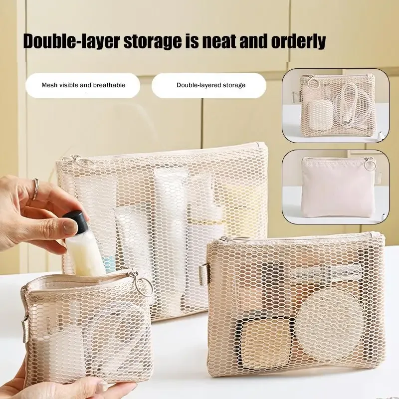 trousse de toilette portable transparente en maille grande capacité, pochette cosmétique en filet pour le rangement du maquillage en voyage pour femmes