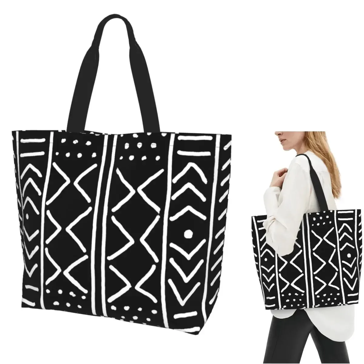 Sac fourre-tout en toile de grande capacité avec motif tissé africain, sac à bandoulière pour femme, idéal pour le shopping et les courses