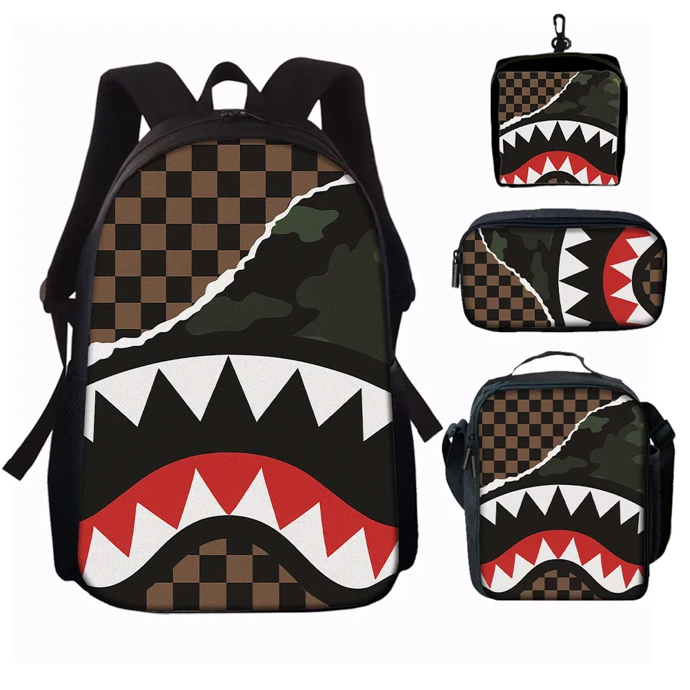 sac dos polyester requin dents camouflage carreaux bleu gris beige noir usage quotidien école aventures
