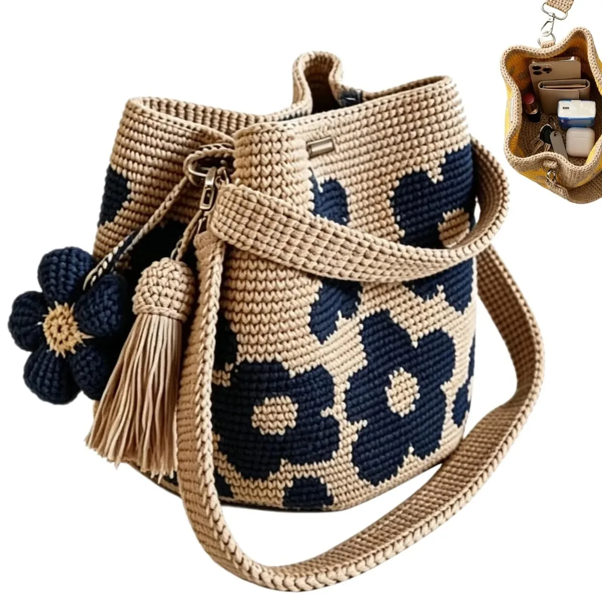 sac fourre-tout en crochet fait main avec fleurs, sac à main floral tricoté, sac de plage tissé style bohème