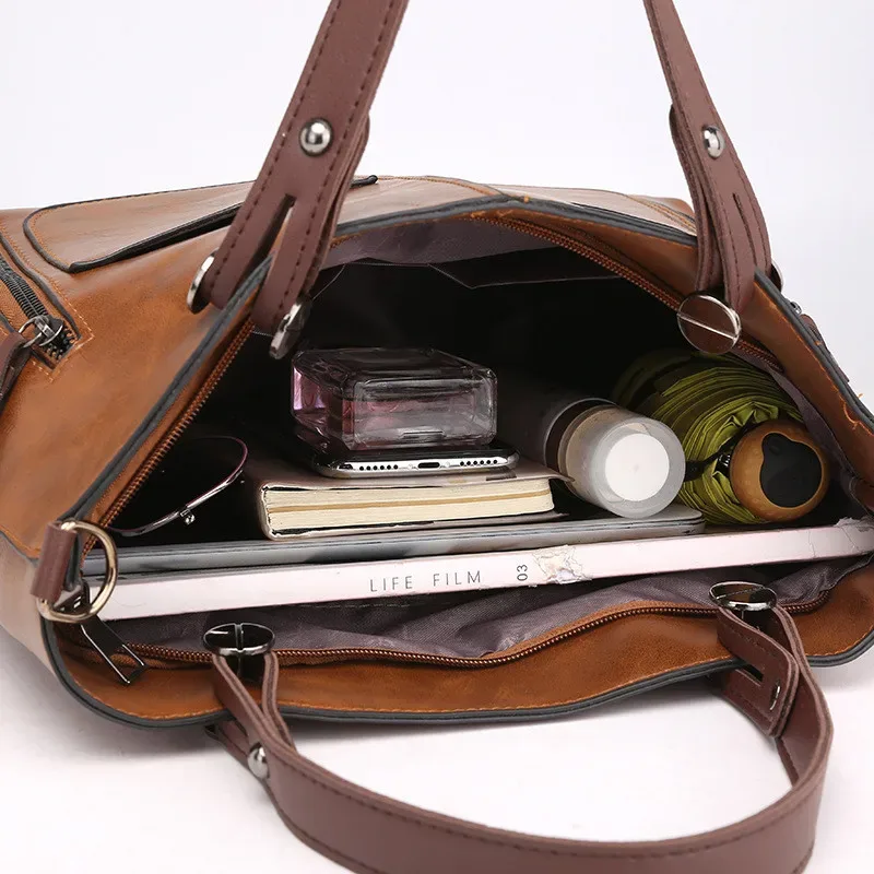 sac à main en cuir rétro europe america, sac à bandoulière, fourre-tout à deux poches avec fermeture éclair, sacs à bandoulière classiques pour femmes, travail et affaires