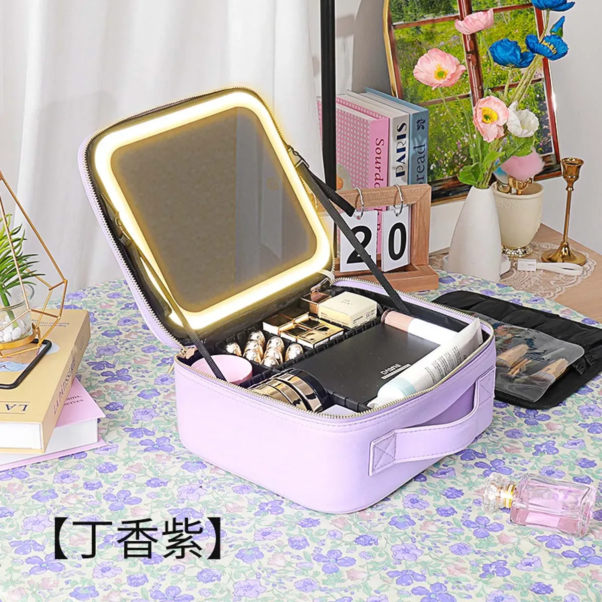 trousse toilette maquillage boîte miroir led rose compartiments noirs voyage grande capacité casual vintage