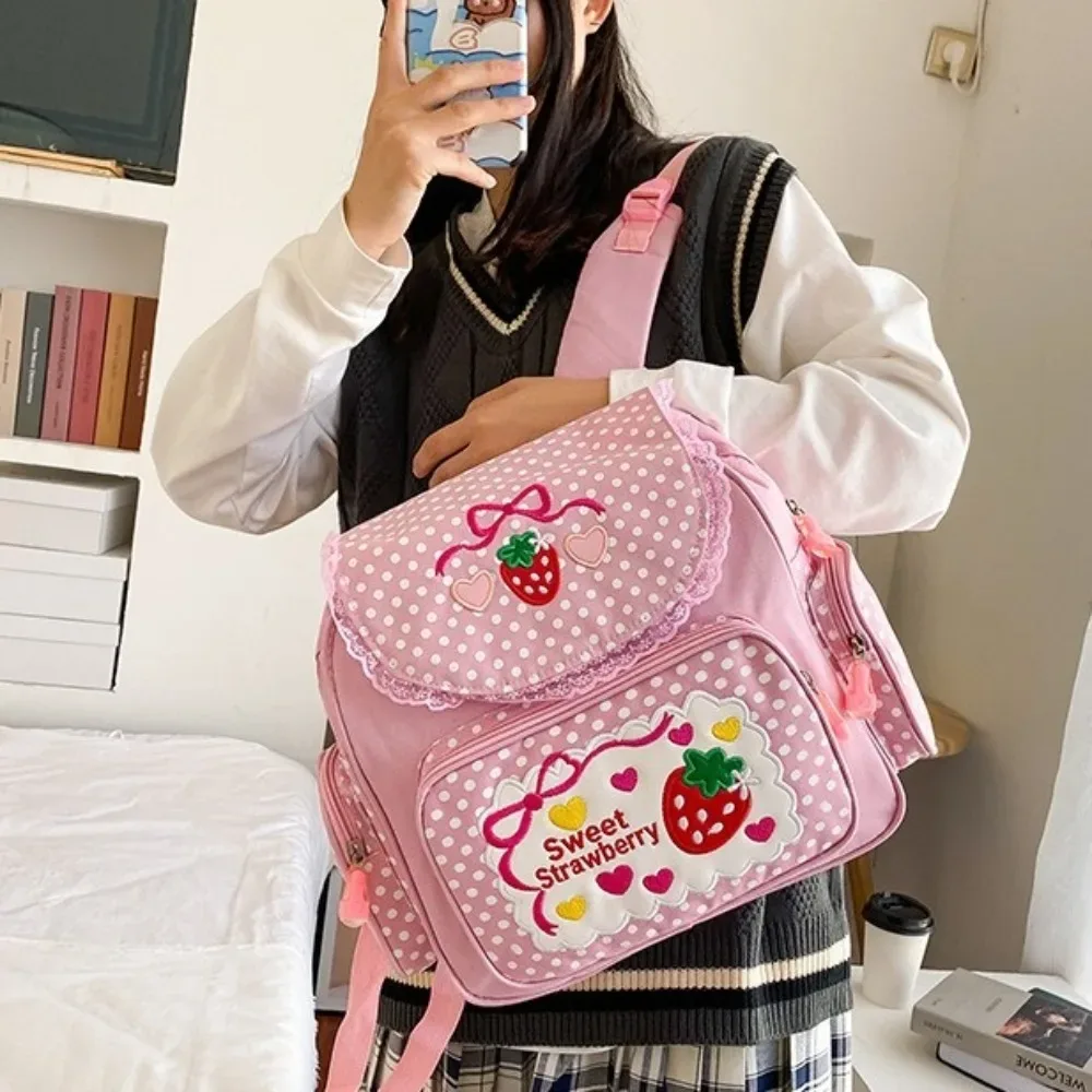 sac à dos scolaire pour fille, motif fraise de dessin animé, avec nœud et pois, multi-poches, sac à dos pour étudiante et adolescente