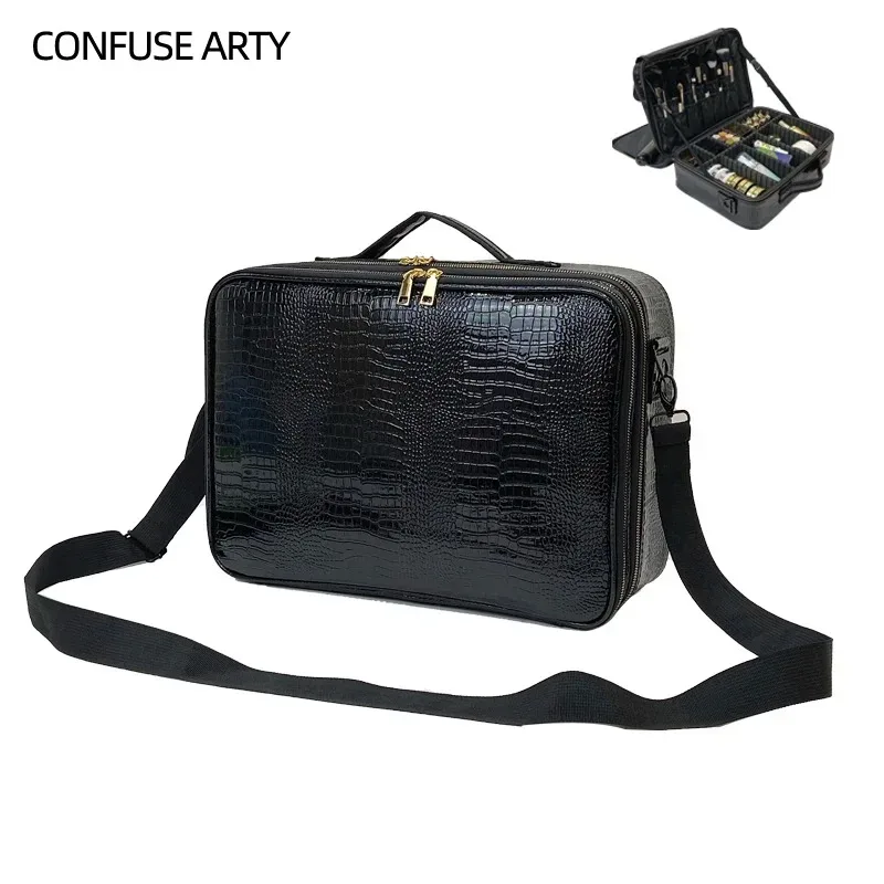 nouveau sac cosmétique en cuir pu crocodile boîte de maquillage professionnelle grande capacité stockage voyage toilette valise de maquillage