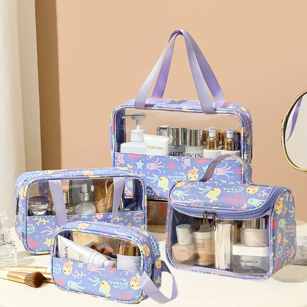 4 pièces sac de maquillage en pvc fleur imprimé sac à main de lavage transparent pochette cosmétique de voyage étanche trousse de toilette pratique porte-monnaie