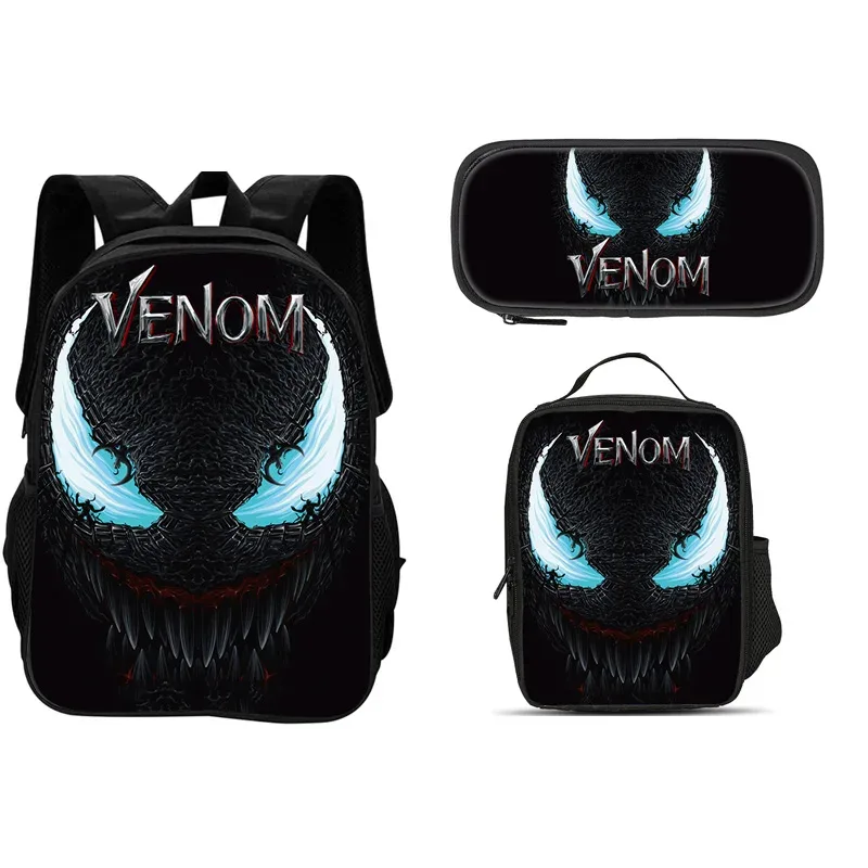 ensemble de 3 pièces du film venom : sac à dos + sac à lunch + trousse à crayons, papeterie de voyage à la mode, cadeau pour enfants, école, polyvalent