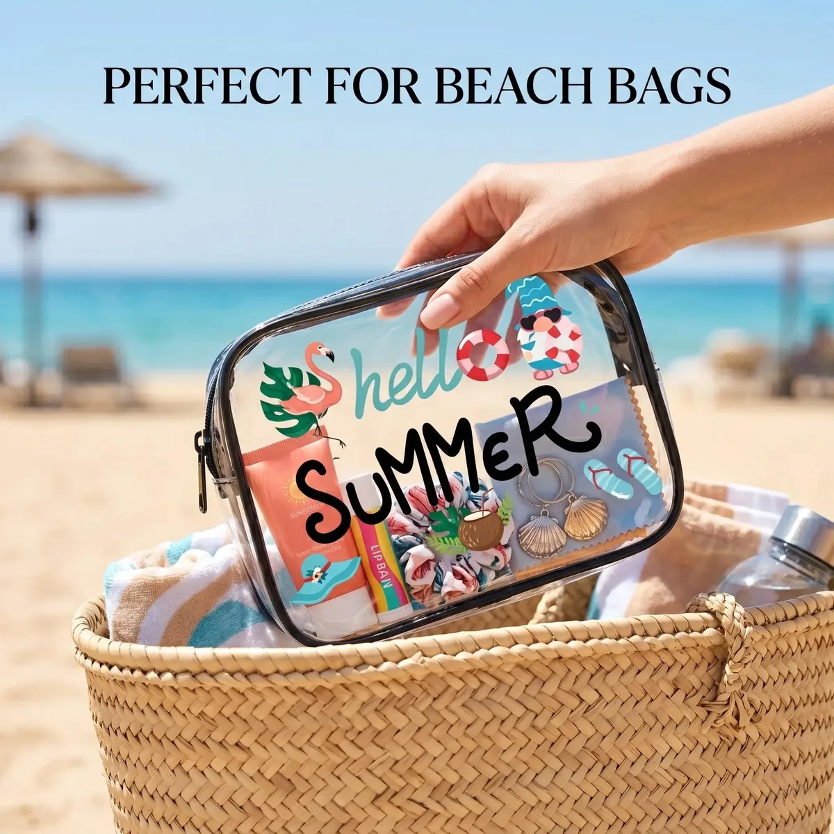 trousse toilette pvc transparent motif hello summer bleu flamants roses lunettes soleil chaussons voyage cosmétiques maquillage