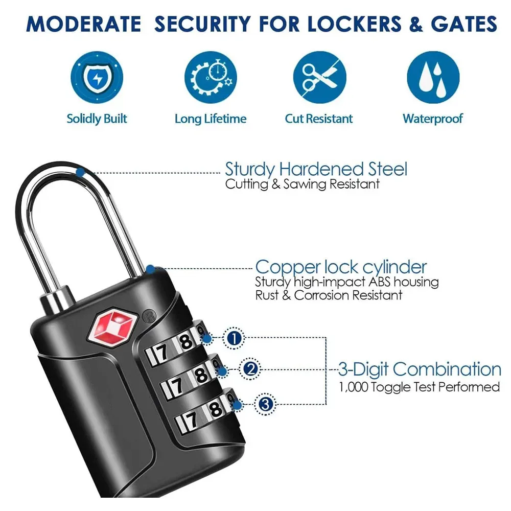 serrures de bagages approuvées par la tsa, cadenas de voyage à combinaison, serrure étanche à 3 chiffres, serrure réinitialisable sans clé pour l'extérieur acceptée par la tsa