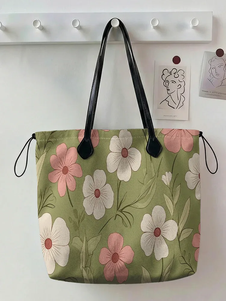 sac fourre-tout vintage à imprimé floral rose et blanc, grande capacité, sac à bandoulière en toile pour le shopping, les voyages et l'usage quotidien