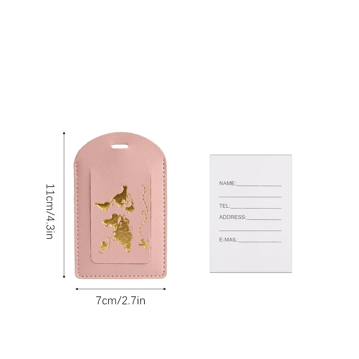 étiquette bagage cuir rose pâle doré carte monde voyage identité bagage fixation anneau métallique espace inscription nom adresse ville pays