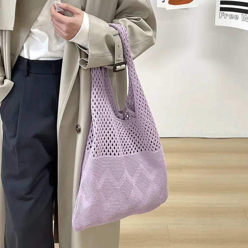 sac de rangement portable en fil tricoté style rétro, grande capacité, sac à bandoulière décontracté, sac de shopping, sac fourre-tout pratique, sac à main