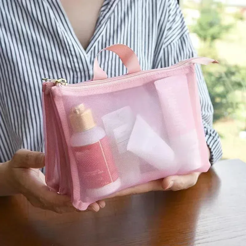 sac de rangement de lavage à glissière de voyage à trois couches, étui en maille, fourre-tout, sacs à cosmétiques, transparent, rouge à lèvres, toilette, trousse de maquillage