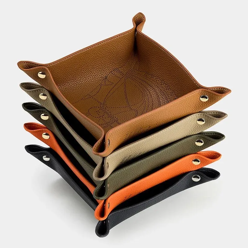Plateau de rangement en cuir de vache à deux couches, organisateur de bureau pour clés, bijoux, boîte de rangement de cosmétiques, organisateur pliant, décoration de la maison