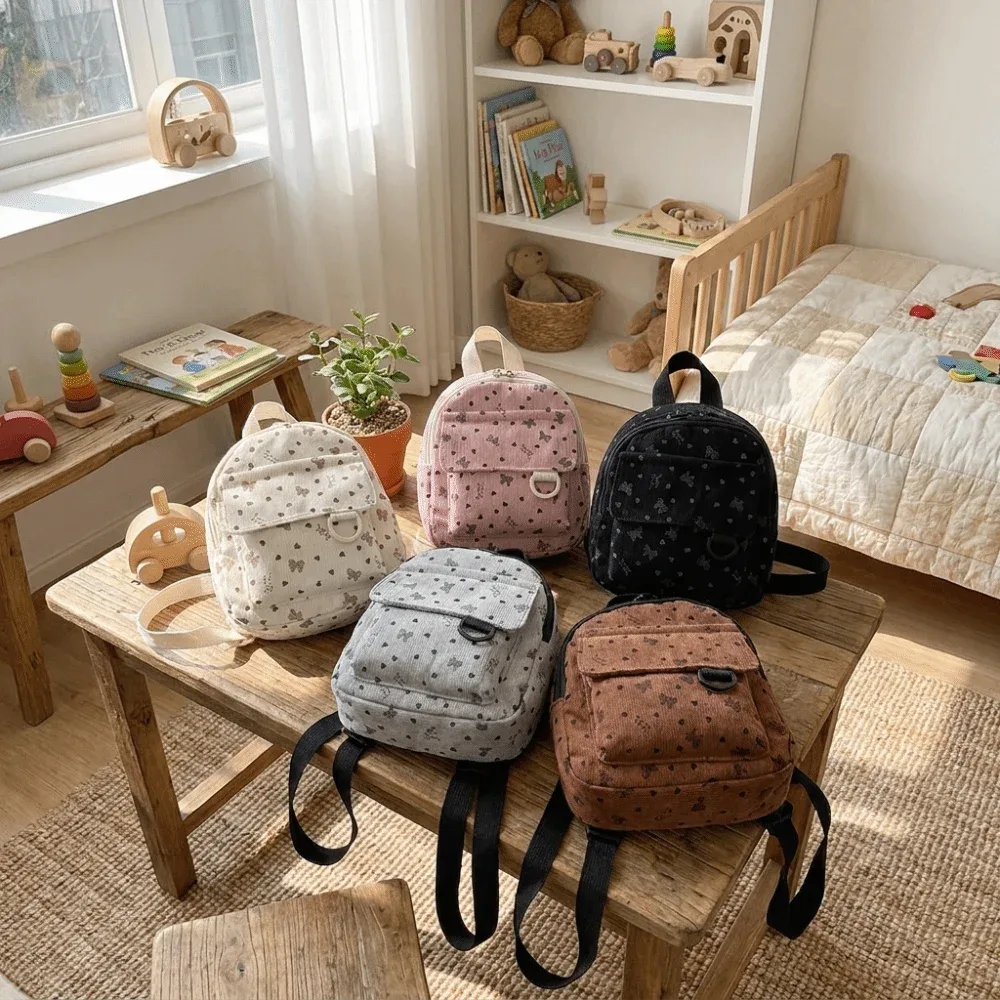 mini sac à dos en velours côtelé léger avec imprimé cœur et nœud, sac à bandoulière multi-compartiments à ouverture zippée, sac à dos quotidien