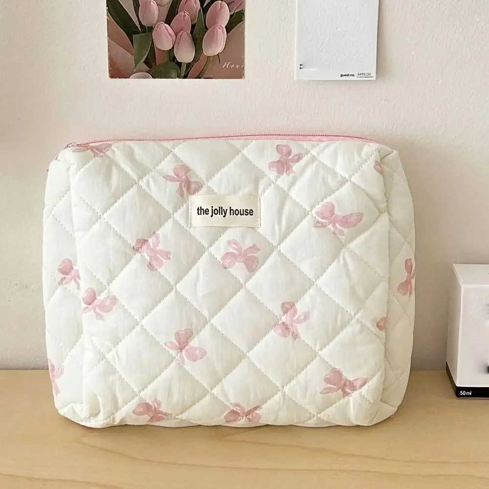 trousse de maquillage matelassée à nœud blanc, jolie pochette à cosmétiques pour filles, grande capacité, organisateur de toilette de voyage, sac à main, sac de lavage portable