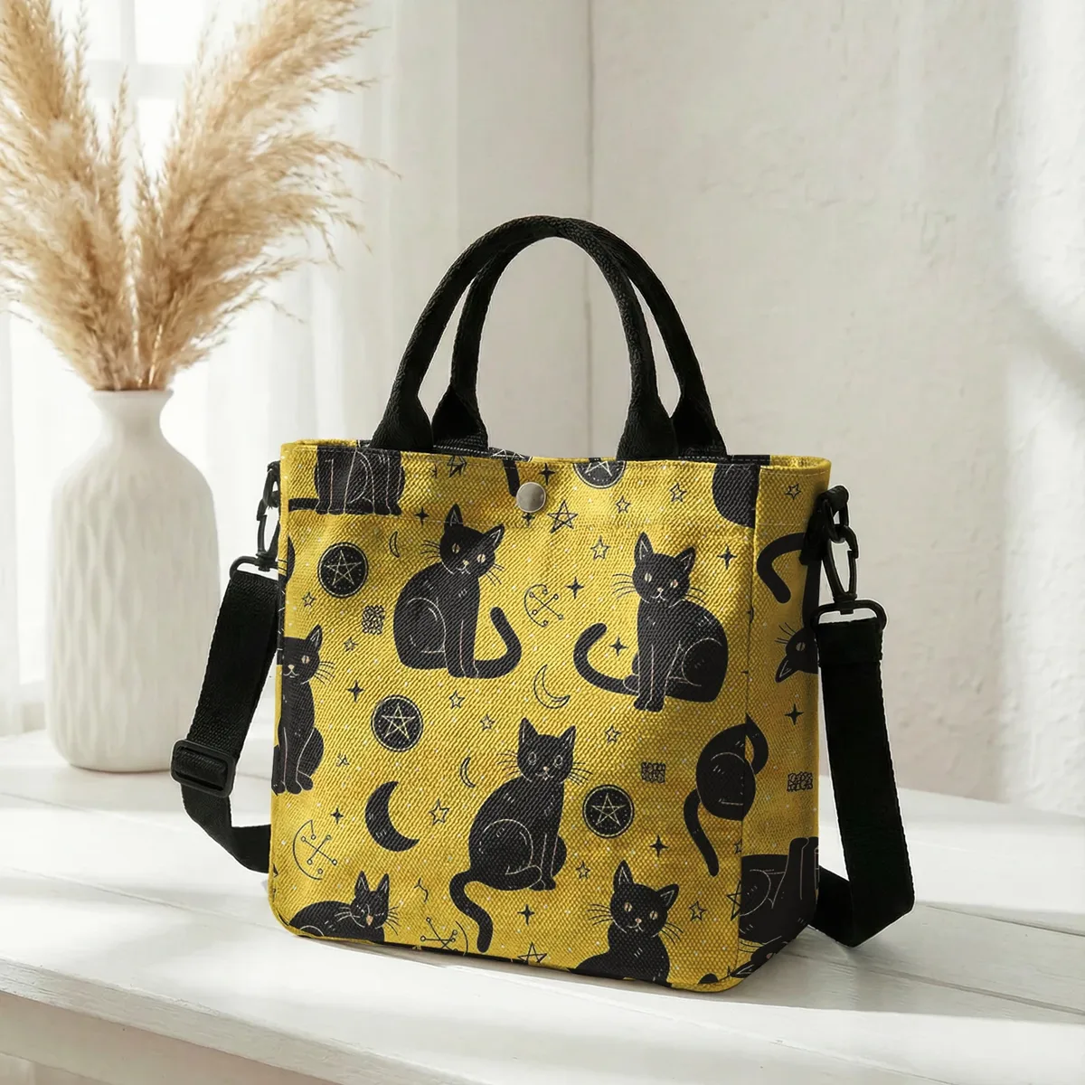 sac fourre-tout en toile rose imprimé lune et étoiles avec chat noir sorcière, bandoulière détachable, sac à main bandoulière pour femme, idéal pour le shopping quotidien