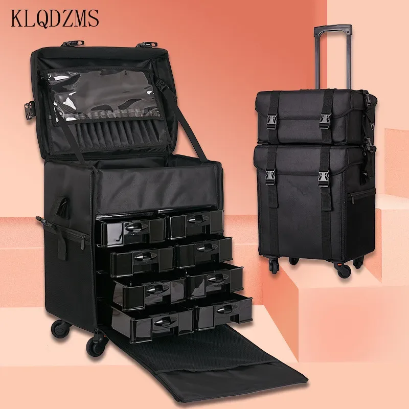 KLQDZMS – trousse à cosmétiques professionnelle en tissu Oxford, boîte à outils de manucure, grande valise à roulettes pour femmes, sac de maquillage de grande capacité