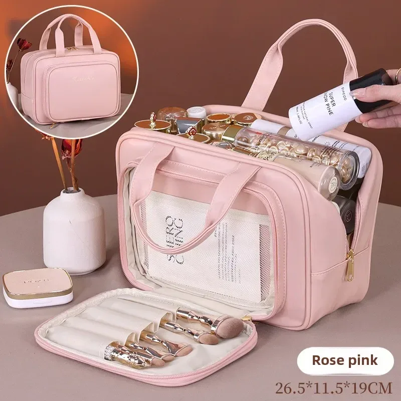 sac de maquillage de rangement portable multifonctionnel pour femmes, sac de rangement de toilette de voyage de grande capacité, nouveau sac à cosmétiques en cuir pu