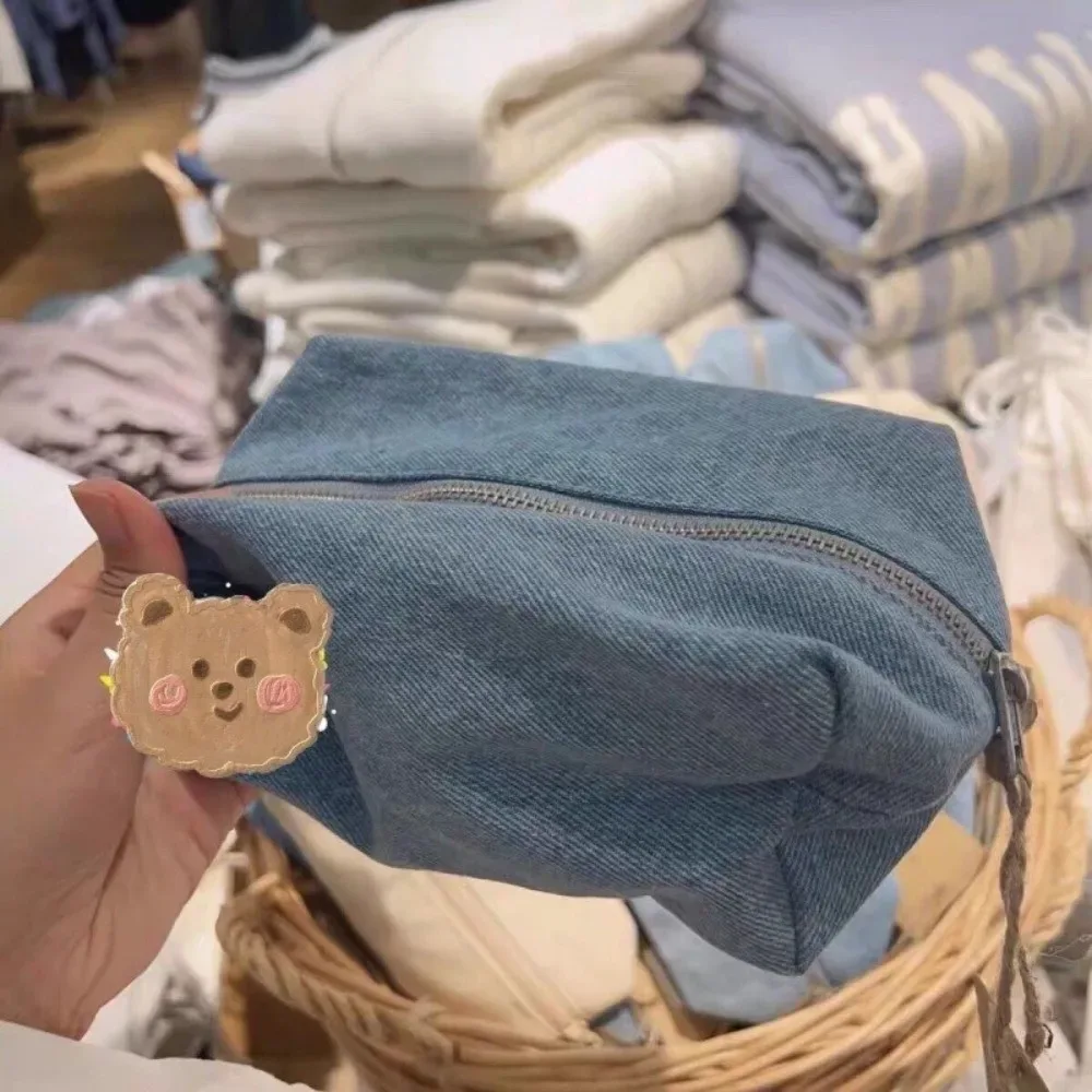 sac de maquillage en denim bleu de couleur unie, sacs à cosmétiques en jean à fermeture éclair de style coréen, organisateur de voyage vintage, sac de rangement de papeterie