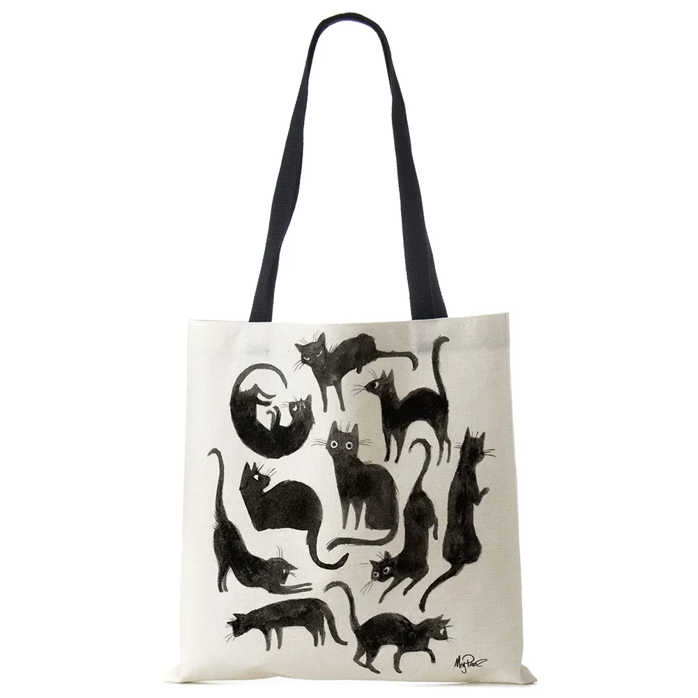 sacs fourre-tout de styliste pour femmes, sac à main écologique en tissu de lin imprimé chat noir sumi, sac à bandoulière réutilisable pour le bureau et le shopping