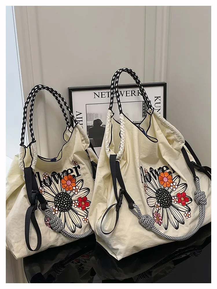 sacs fourre-tout à la mode avec chaîne à billes, niche japonaise brodée, sac de shopping étanche de grande capacité, sac à main à bandoulière unique