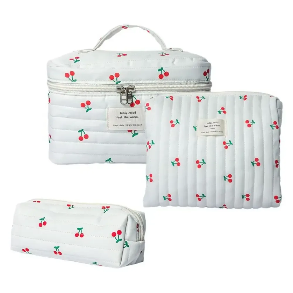 pochette à maquillage rétro à imprimé cerise, en coton matelassé, grande capacité, sac cosmétique mignon multifonctionnel, trousse de toilette, rangement pour maquillage