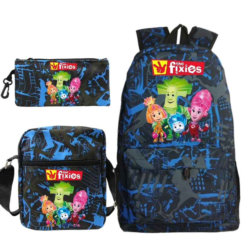 sac dos toile polyester imprimé personnages colorés the fixies unisexe décontracté compartiment intérieur bandoulière arquée fermeture éclair bleu noir gris voyage enfant