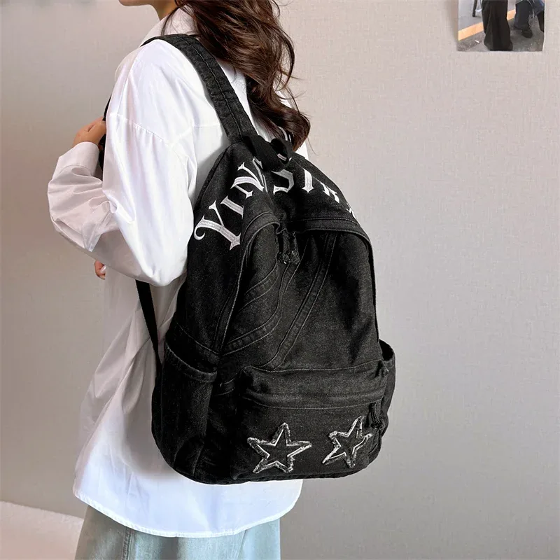 sac à dos en jean vintage pour femme, grande capacité, sac à bandoulière en jean, sac à dos quotidien pour l'école et l'ordinateur portable, design simple